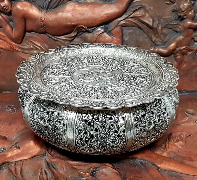Vintage Oriental Burmese Cambodian White Metal Betel Nut Container