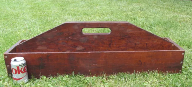 Antique Folk Art Primitive Large Pine Wood Tool Caddy Carrier Tote Dark Stained
