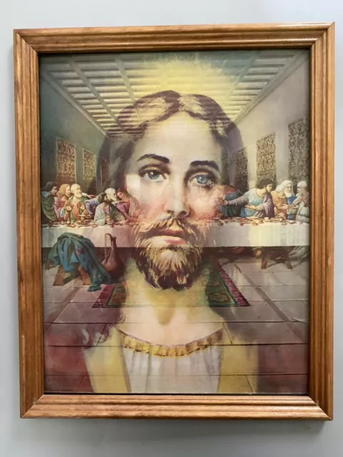 Vintage Lenticular 3D Jesus Last Supper Print Framed 13 1/2” X 11”