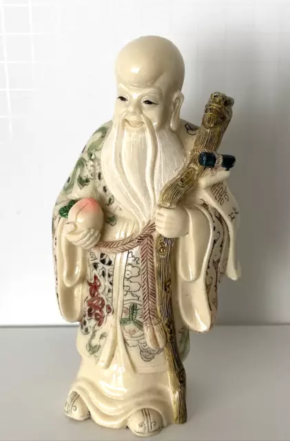 Chinese Resin Hand Painted  Finely Carved Wise Man  Figurine with Peach - 6" H