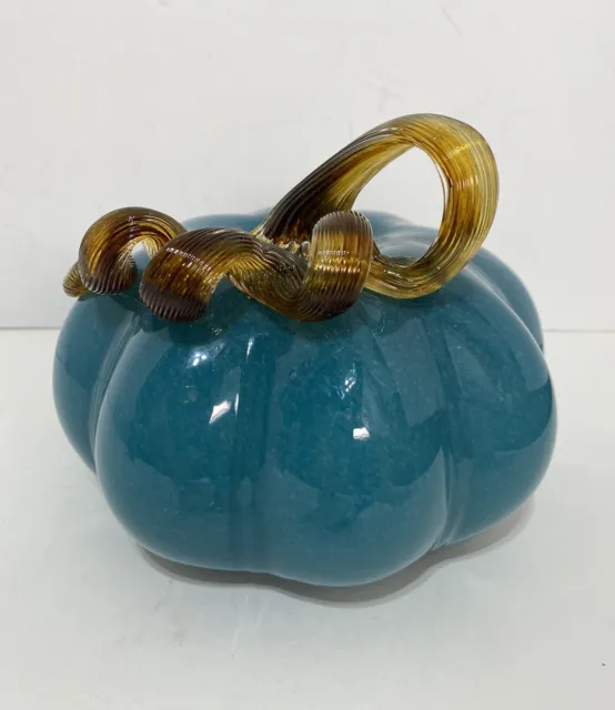 Hand Blown Art Glass Pumpkin Gourd Teal Blue Amber Brown Stem 5” Fall Decor