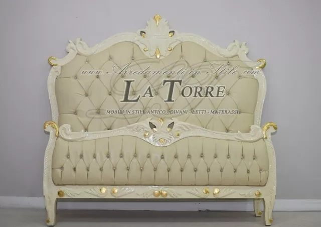 Letto Matrimoniale Luigi XV Barocco avorio oro ecopelle champagne Swarovski AL17