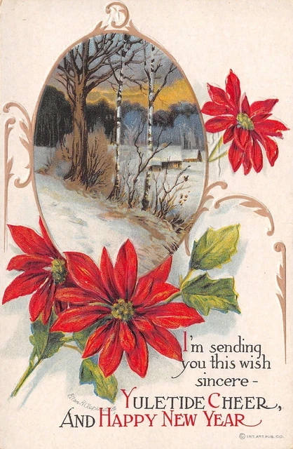 Christmas~Poinsettias Around Birch Tree Oval~Candle Cottages~Emboss~IAPC 1912