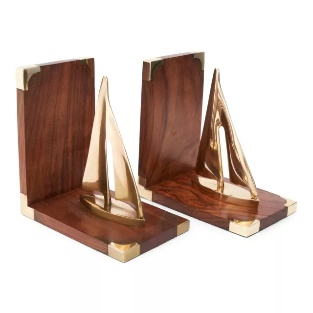 1 Paar Maritim Buchstützen Segler 30,5x10x17cm aus Messing gold und Holz