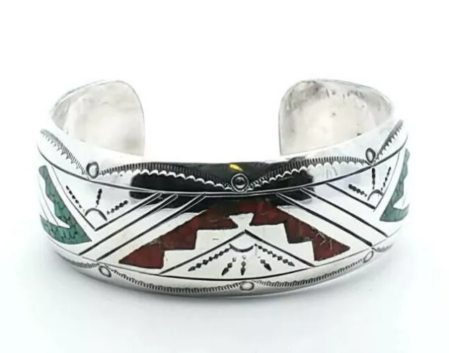 Jimmie Nezzie Coral & Turquoise Mosaic Inlay Sterling Cuff Bracelet - 6.5" Wrist