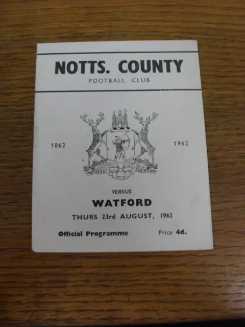 23/08/1962 Notts County v Watford  (folded). Free SHIPPING/POSTAGE for all UK Or