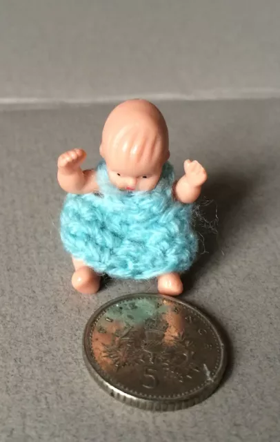 Baby in Blue Knitted Dress, Dolls House Miniature, 1.12 Scale