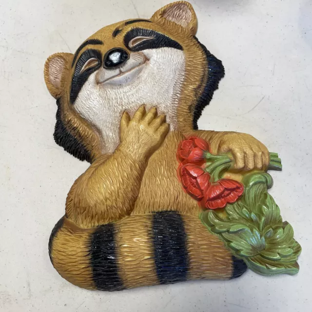 Vintage HOMCO Happy Raccoon Plastic Wall Hanging Decor Plaque 1977 Made in USA