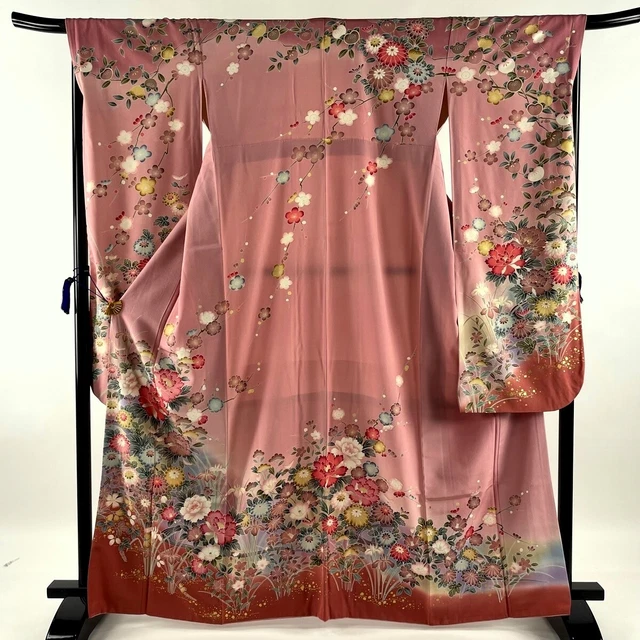 Japanese kimono SILK"FURISODE" long sleeves, Gold leaf, Peony, KIKU ,L64".2059