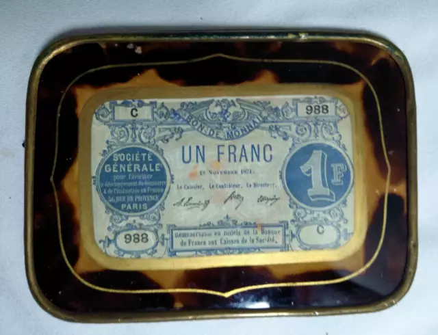 BILLET de nécessité 1 franc 1871 C 988 - CADRE XIXè peinture sous verre ECAILLE