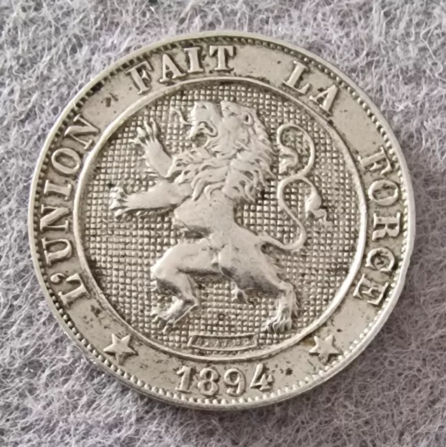 1894 Belgium 5 Centimes Coin, Rampant Lion, Copper Nickel 3g, KM#40, VF, #444