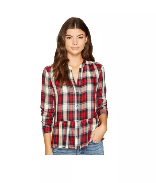 NWT Splendid Women's Cropped Shirt with Fray Cherry Red Plaid Size S $130 F137