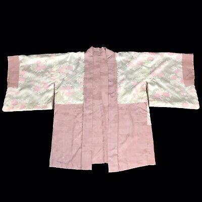 Japanese Kimono Reversible Haori Jacket Robe Rose Pink Cream Embossed Floral