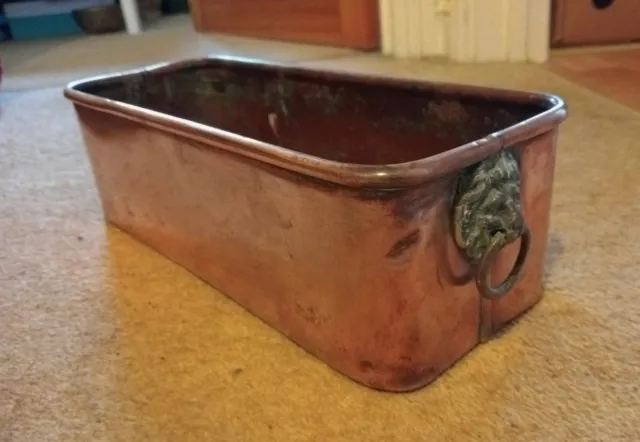 Vintage Copper Planter Trough With Brass Lion Head Handles Patinated