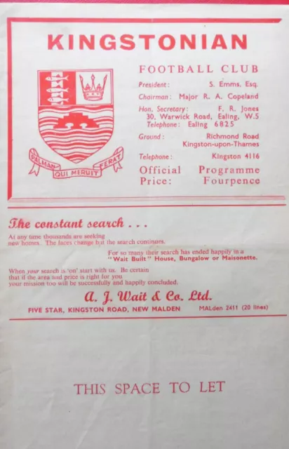 Kingstonian V Barking 14/9/1963 Isthmian League - Senior Section #Excllent#