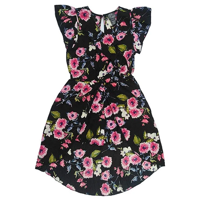 Pink & Violet Girls Embroidered Floral Crinkle Romper (XS (4/5), Black/Floral)