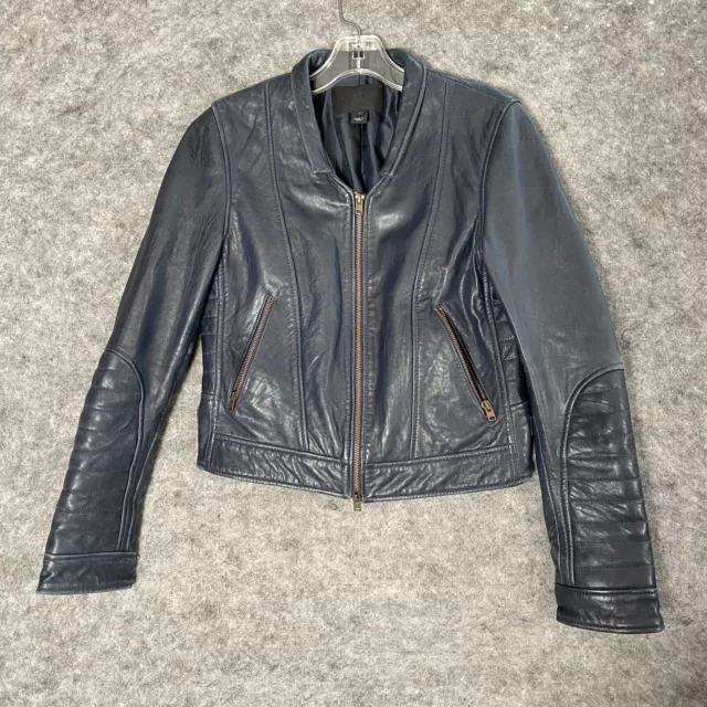 J. Crew Collection Cropped Leather Moto Jacket Women's Size 6 Biker Navy Blue