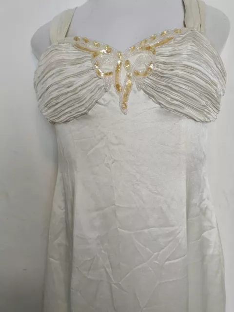 VTG Formal Gown Slit MadeInUsa Ivory Sz 8 M Beaded Gatsby Slip Evening Dress 90s