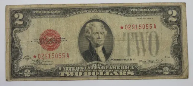 Series 1928-D*STAR Red Seal $2 Legal Tender US Note FINE Fr#1505* Problem Free
