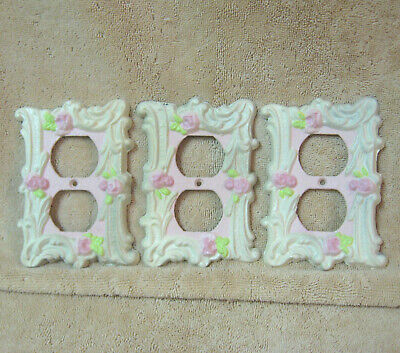3 Edmar Shabby Rose Pink Off White Brass Outlet Cover Plates