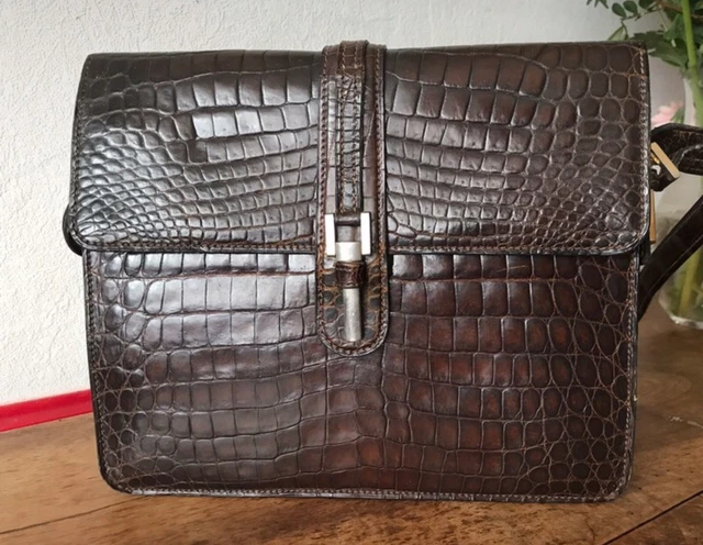 VINTAGE LANCEL PARIS Sac Pochette Cuir Verni Crocodile Marron bon