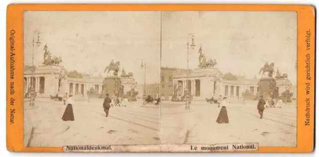 Stereo-Fotografie Ansicht Berlin, Passanten am Nationaldenkmal Kaiser Wilhelm I