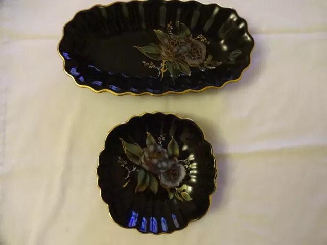 RARE PRINKNASH POTTERY DISHES x 2 BLACK & GILT FLORAL DESIGN