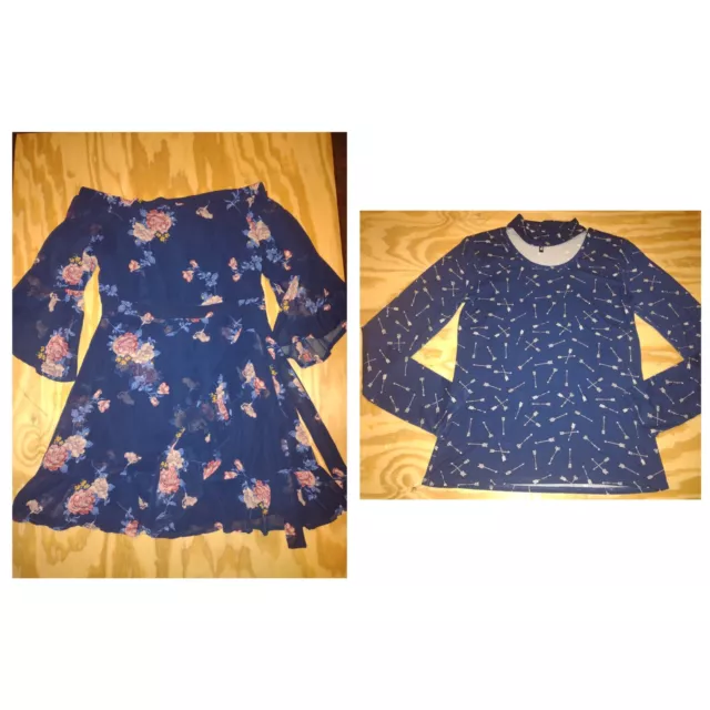 Women's Clothes - Size Small - Off The Shoulder Blue Dress & Long Sleeve Blouse