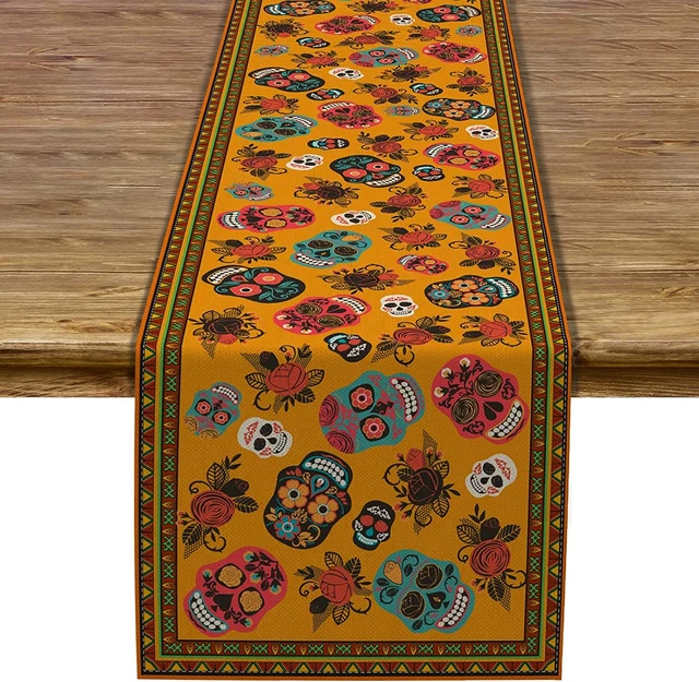 Dia De Los Muertos Table Runner Mexico Sugar Skull Rustic Linen Day of the Dead