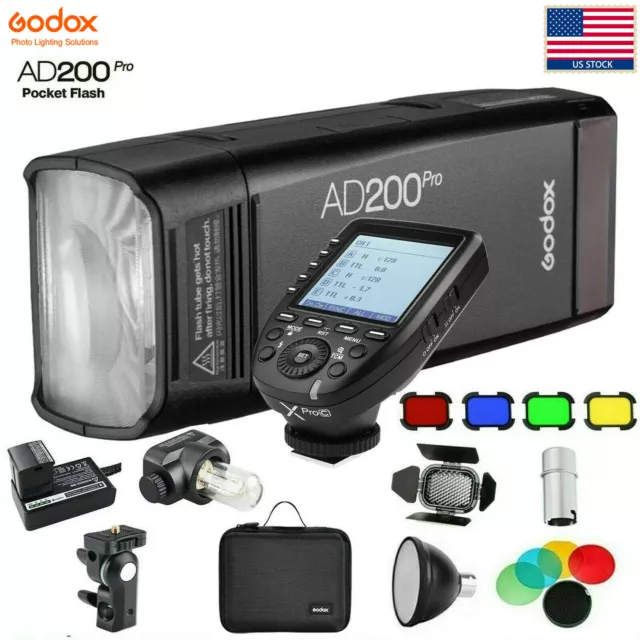 US Godox AD200Pro TTL 2.4G HSS Flash Speedlite+XPro-C for Canon+Barn Door Set