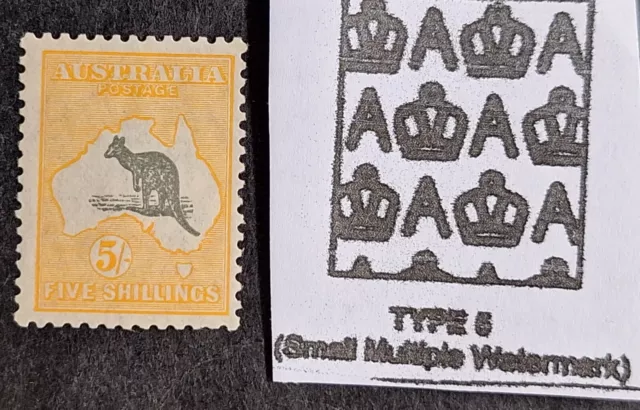 1929 Australia 5/- Grey & Yellow Orange Kangaroo stamp SMWMK Die 2 Mint