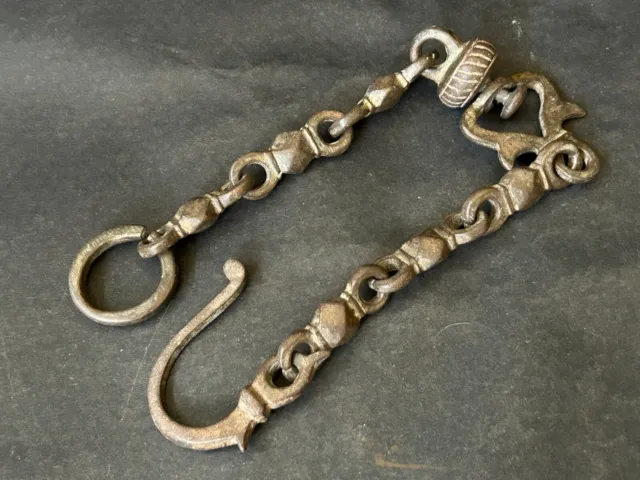 Ancient Hand Forged Mughal Period Brass Lamp/Lantern Bell Hanging Chain & Hook