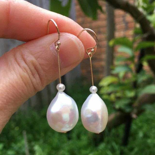 16.5mm Natural white Freshwater Baroque pearl 14k gold earrings Wedding
