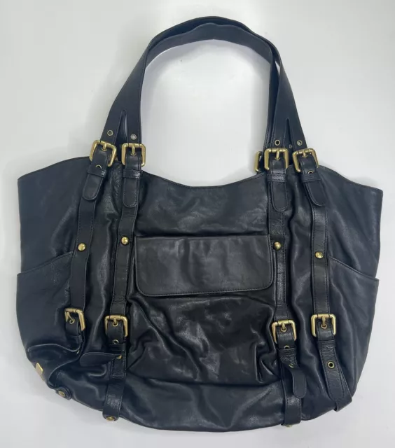 Kooba Bag Paige Buckle Satchel Black Leather Double Handle Gold Hardware Pockets 3
