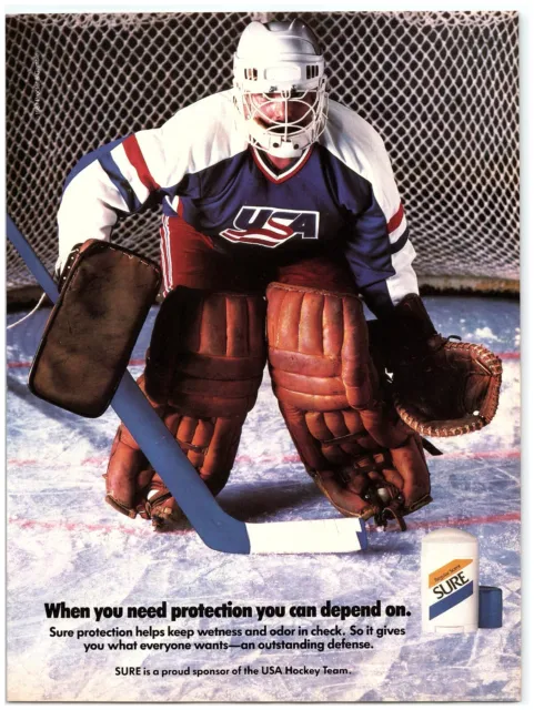 1987 Sure Deodorant Print Ad, Team USA Hockey Goalie in Net Protection Depend On