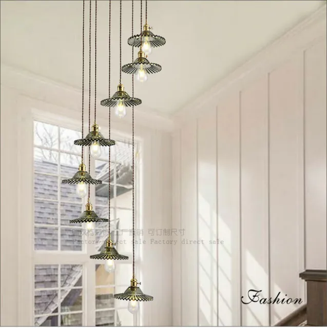 Nordic style brass stair lamp long chandelier duplex building villa stair light