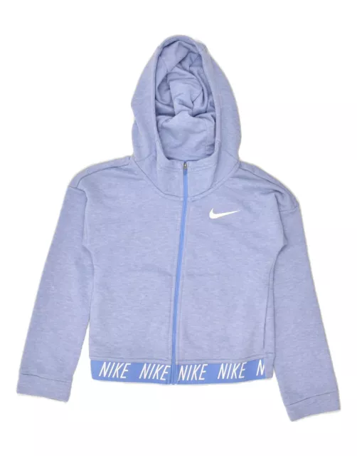 NIKE Girls Dri Fit Graphic Zip Hoodie Sweater 8-9 Years Small Blue Cotton BC17