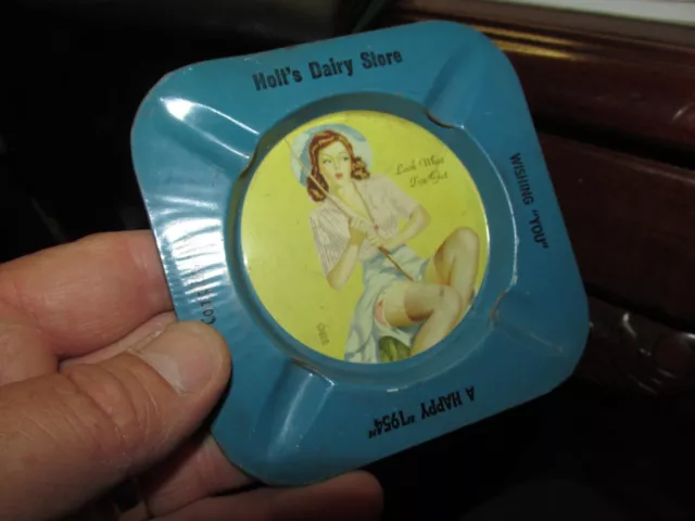 Vintage 1950's Pinup Girl Metal Ashtray Girl, LFD, HOLT'S DAIRY STORE, W. PA