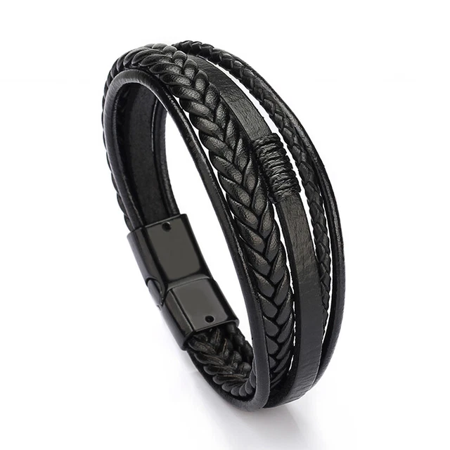 Trendy Leather Bracelets Men Stainless Steel Multilayer Braided Rope Bracel~m' 3