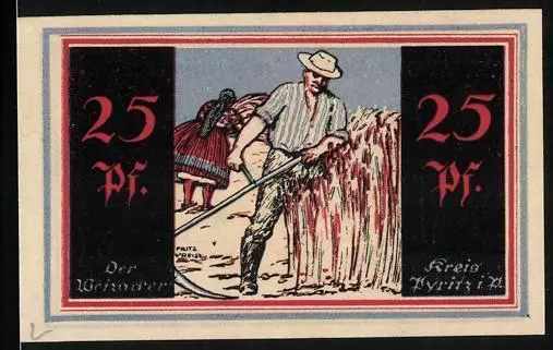 Notgeld Pyritz i. P. 1921, 25 Pfennig, Bauer mit Sense