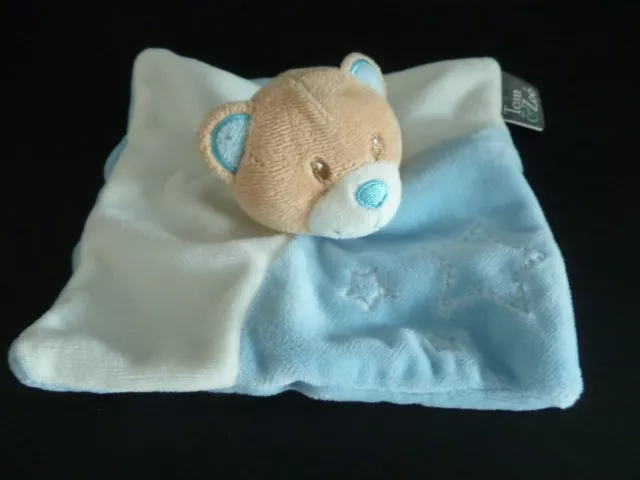 EB*. DOUDOU PLAT OURS TOM ET ZOE BLEU BLANC  ETOILE CARRE 18cm - ETAT NEUF *