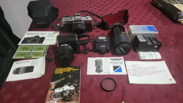 Minolta SRT 100X 35mm SLR Camera, MD Rokkor 45mm, Additional Lenses & Flashes