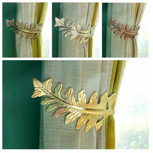 2Pcs Big Leaf Curtain Tie Back Hold Backs Holder Brass Tassel Hooks Gold Bronze