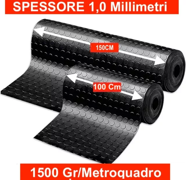 TAPPETO GOMMA NERO IN PVC COPERTURA PAVIMENTO LARGO 100/150 cm BOLLO BULLONATO