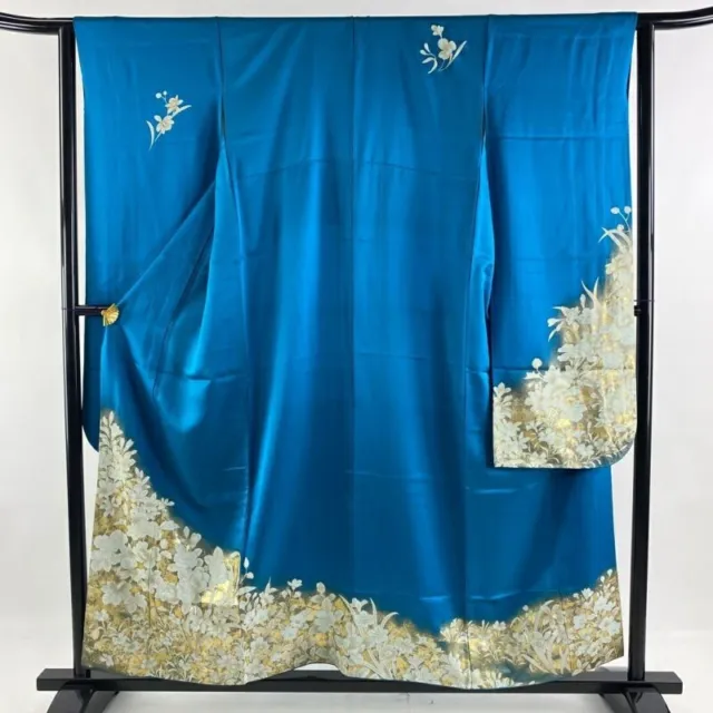 Japanese Kimono Furisode Pure Silk Flower Gold Paint Blue Green Color