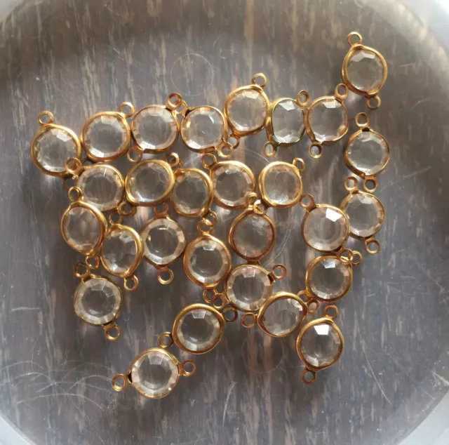 Vintage Brass Clear Faceted Round Bezel Lucite Bead Links Connectors Lot