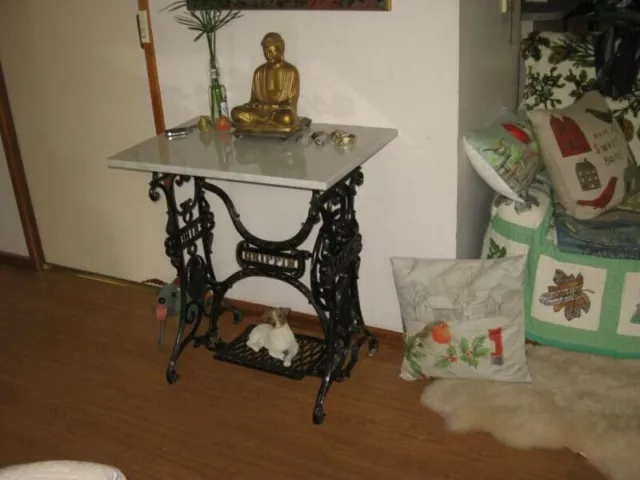 Antique Treadle Sewing Machine Stand With White Black Marble Top