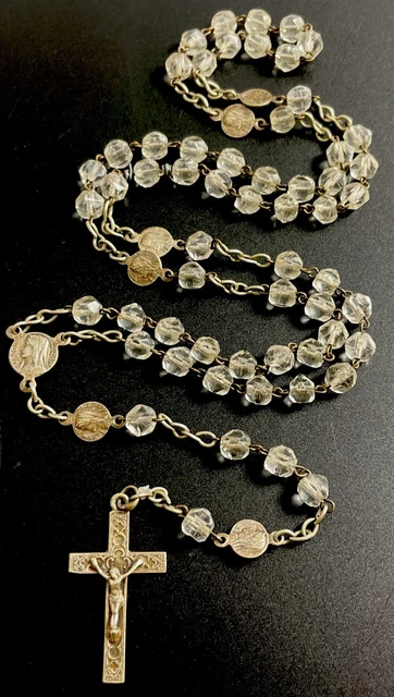 Vintage Catholic Faceted Glass Rosary, Lourdes Pater Beads, Silver Tone Crucifix