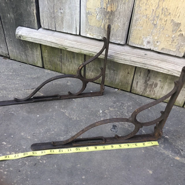 Pair Antique Cast Iron 19th C Victorian Shelf Brackets 15” Heavy FREE Ship