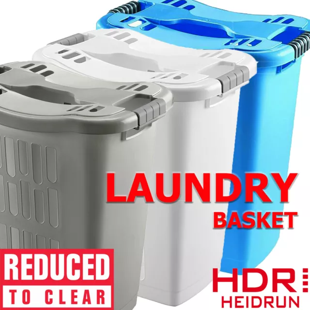 Laundry Basket Plastic Lid Heavy Duty Washing Clothes Storage 60 Litre